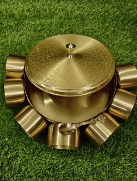 brass carved round spice box with 7 containers and 1 spoon perfect for kitchen,